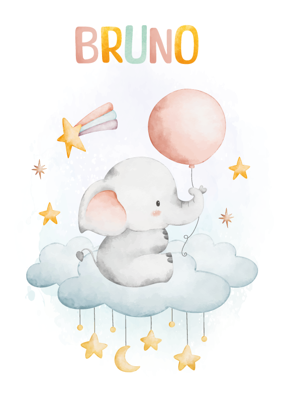 Poster chambre enfant nom éléphant sur un nuage - TenStickers
