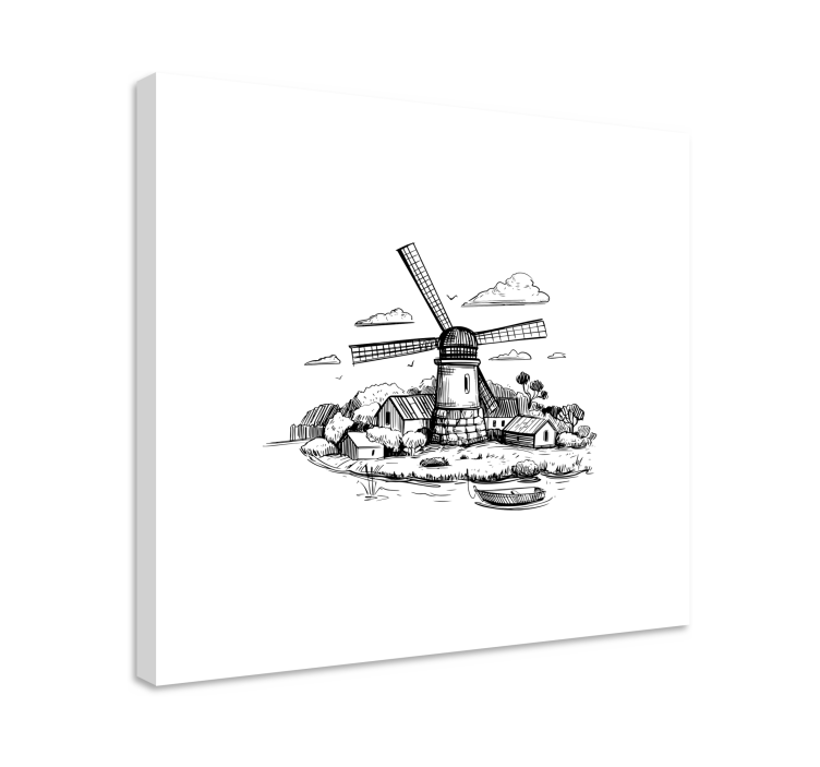 Tableau enfant Dessin de village en noir et blanc - TenStickers
