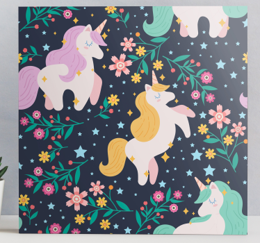 Licorne tableau Unicornios flores y estrellas - TenStickers