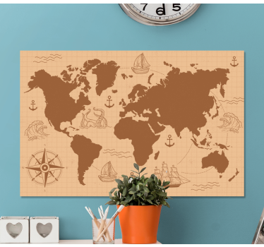 Tableau mappemonde Marron avec boussole - TenStickers
