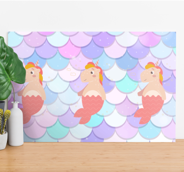 Tableau enfant licorne-sirènes fond écailles de poissons colorées - TenStickers