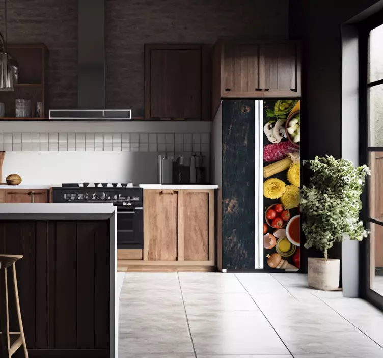 Sticker frigo imitation bois avec aliments - TenStickers