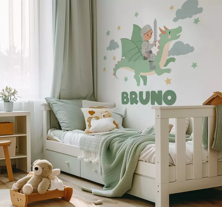 Sticker chambre enfant petit chevalier sur un dragon - TenStickers