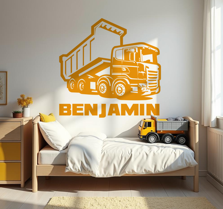 Sticker chambre enfant camion de construction avec nom - TenStickers