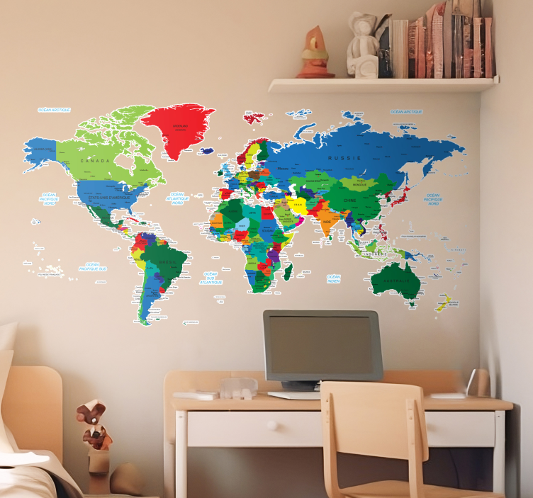 Sticker carte du monde colorée en français - TenStickers