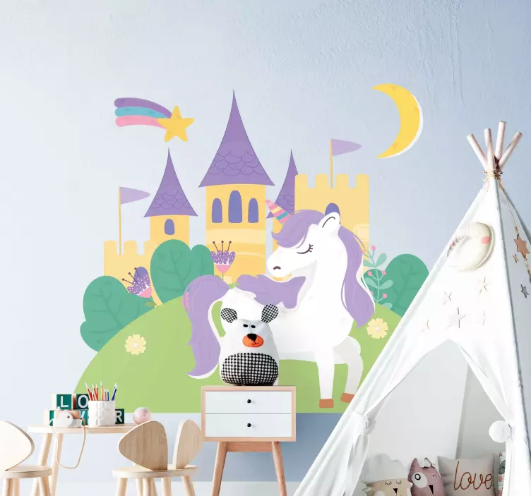 Sticker chambre enfant château de licorne fantastique - TenStickers