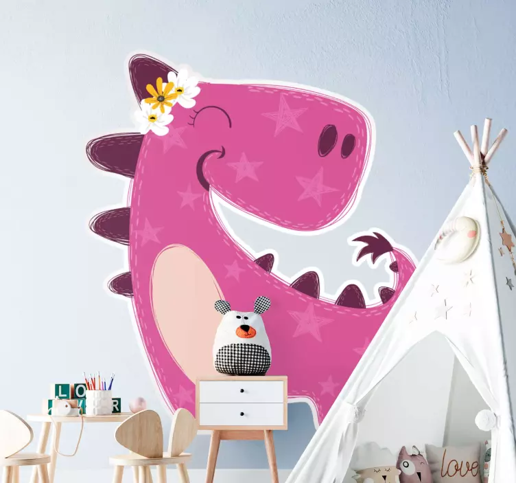 Sticker chambre enfant dinosaure adorable rose - TenStickers