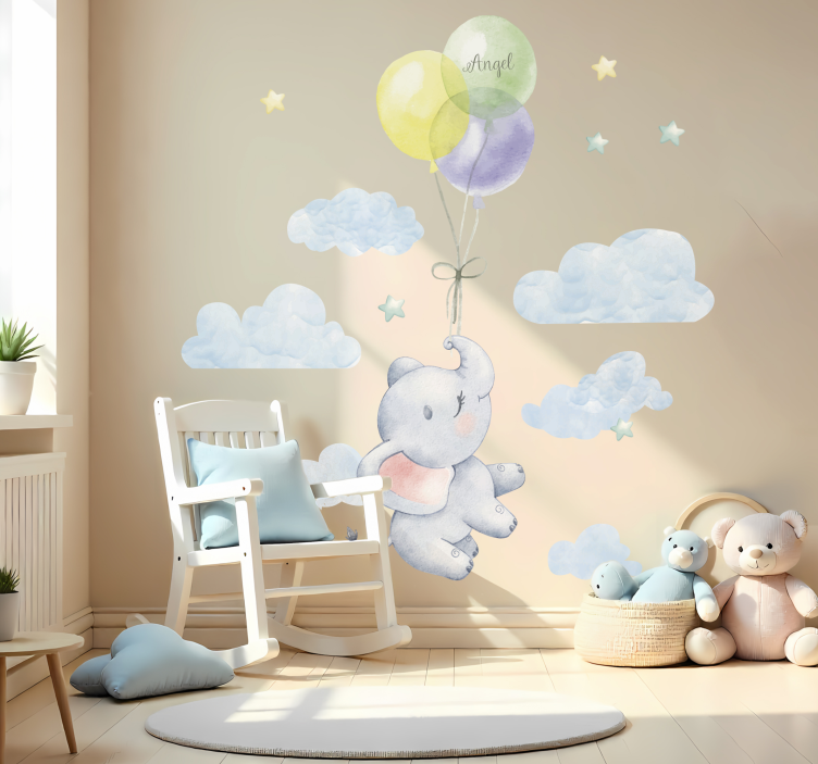 Sticker chambre enfant éléphant avec ballon et nom - TenStickers