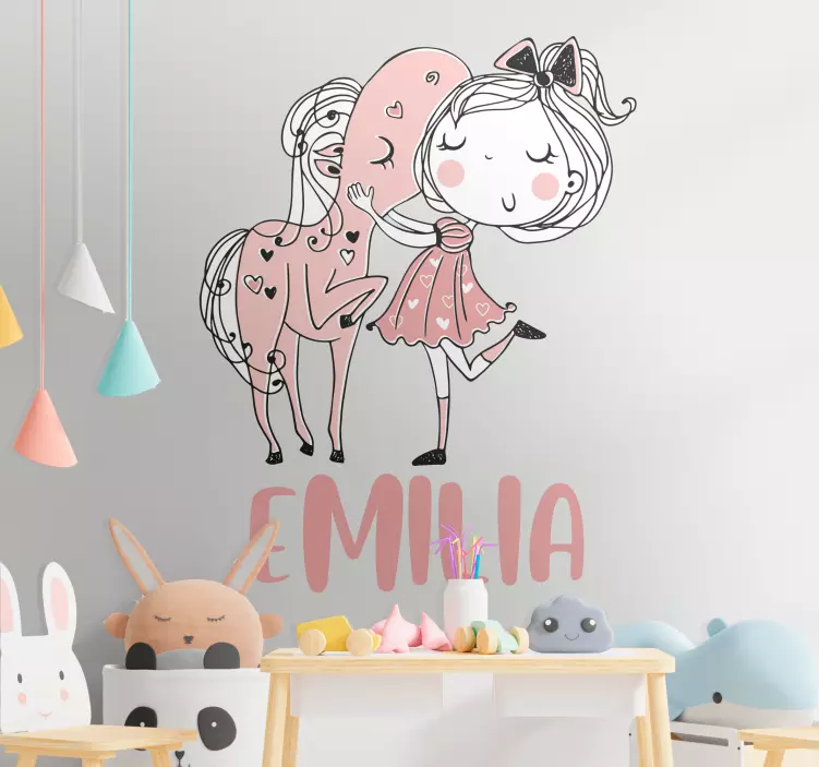 Sticker chambre enfant fille avec poney et nom - TenStickers