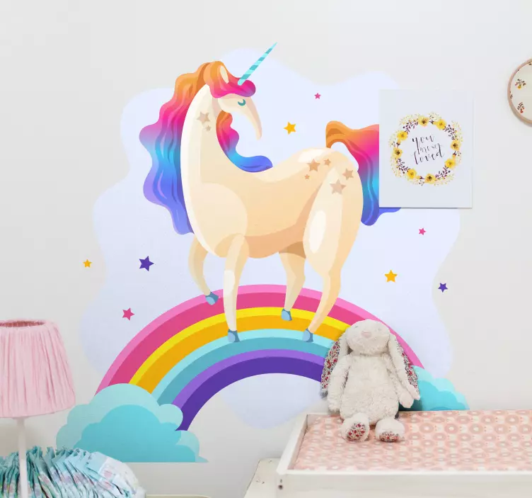 Sticker chambre enfant paysage de rêve licorne arc-en-ciel - TenStickers