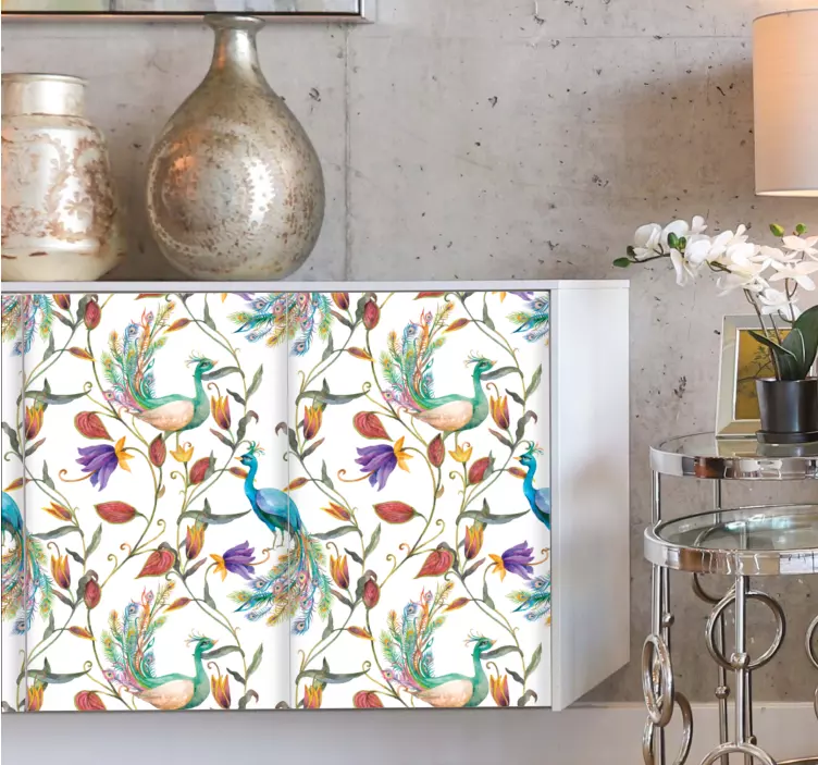 Adhésif meuble fleurs de jardin avec petits oiseaux - TenStickers