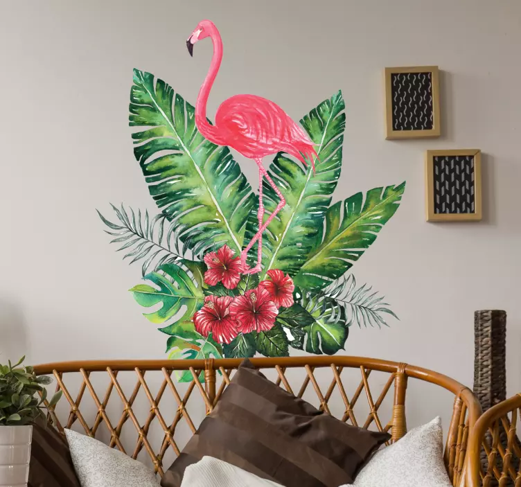 Sticker mural salon fleurs exotiques et flamant rose - TenStickers