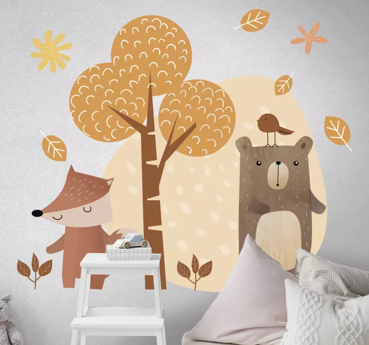 Sticker chambre enfant animaux et arbre style automnal - TenStickers