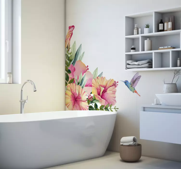 Sticker salle de bain fleurs tropicales colibri - TenStickers