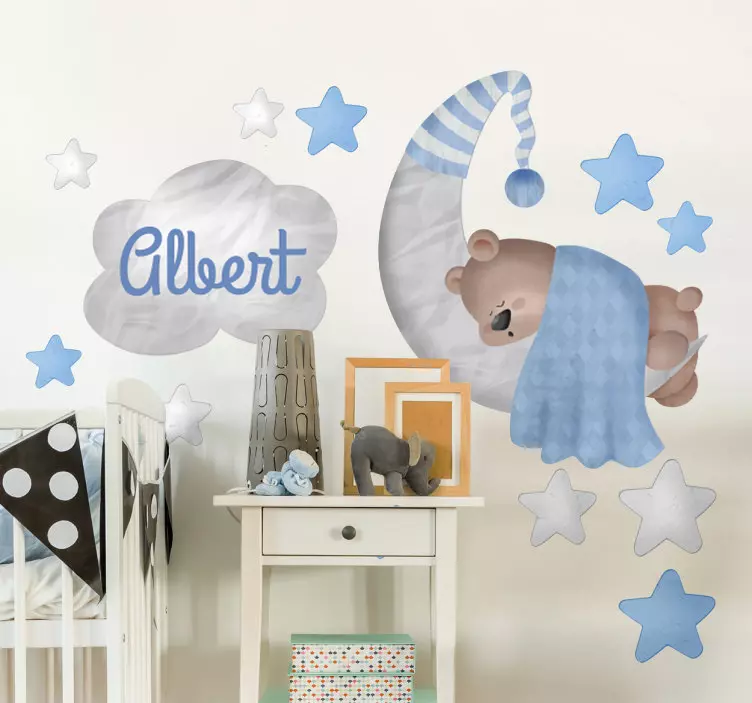 Sticker chambre bébé ours lune étoiles avec nom - TenStickers