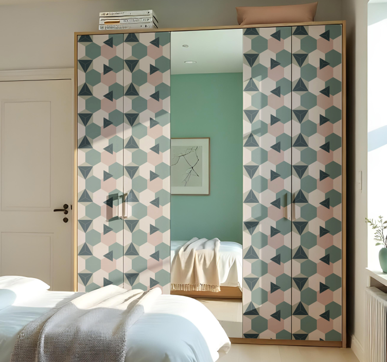 Sticker porte placard hexagones roses et verts - TenStickers