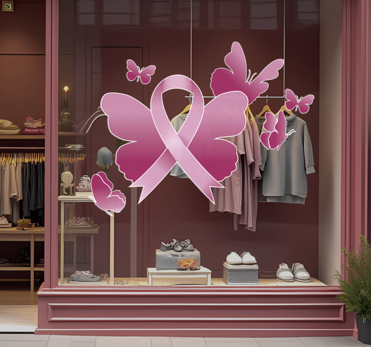 Sticker vitrine octobre rose avec ruban et papillons - TenStickers