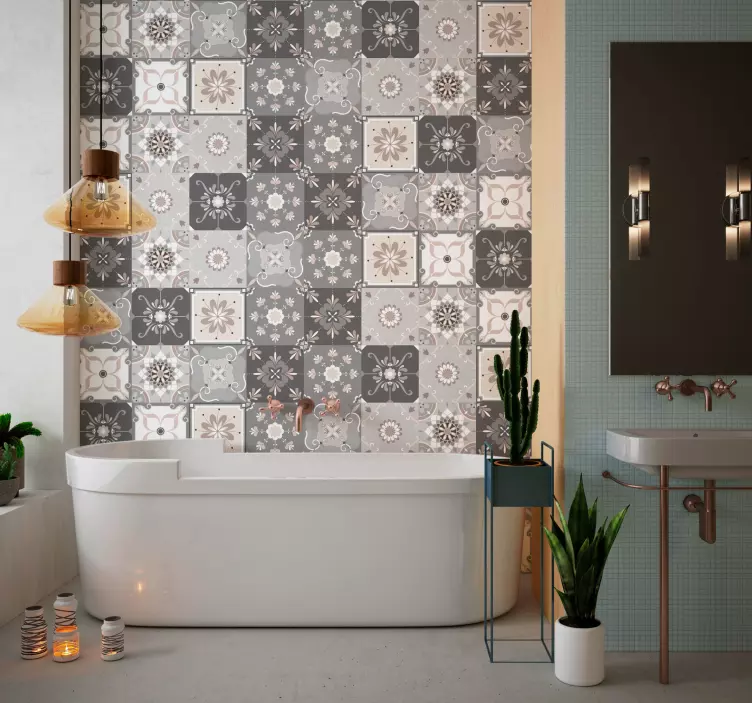 Sticker salle de bain carrelage fleurs abstraites grises - TenStickers