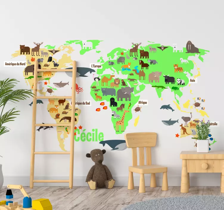 Stickers Monde animaux de la faune et prénom - TenStickers