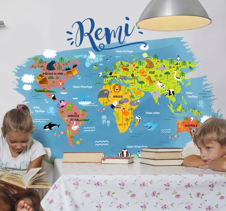 Sticker mural mappemonde animaux du monde - TenStickers