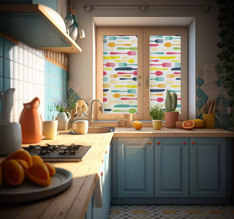 Autocollant fenêtre cuisine motif couverts colorés - TenStickers