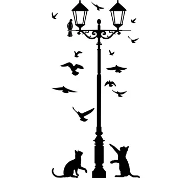 Sticker mural salon oiseaux et chats autour d'un lampadaire - TenStickers