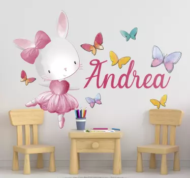 Sticker lapin dansant papillon avec prénom - TenStickers