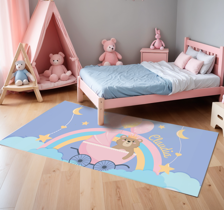 Tapis vinyle chambre bébé ours et landau rose avec nom - TenStickers