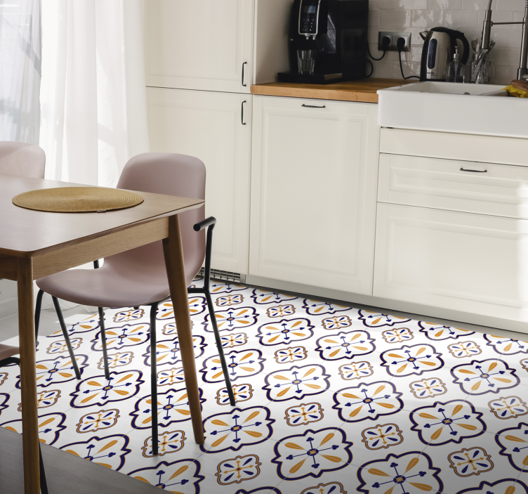 Tapis vinyle cuisine réplique de carrelage floral - TenStickers