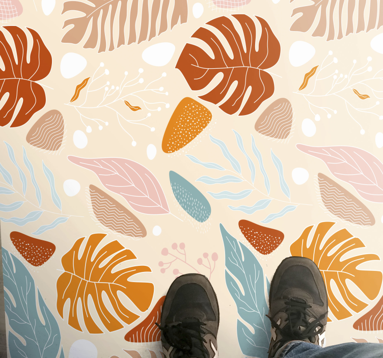 Tapis vinyle fleurs et plantes motifs feuilles beiges - TenStickers