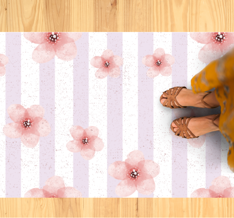 Tapis vinyle fleurs et plantes rayures roses - TenStickers
