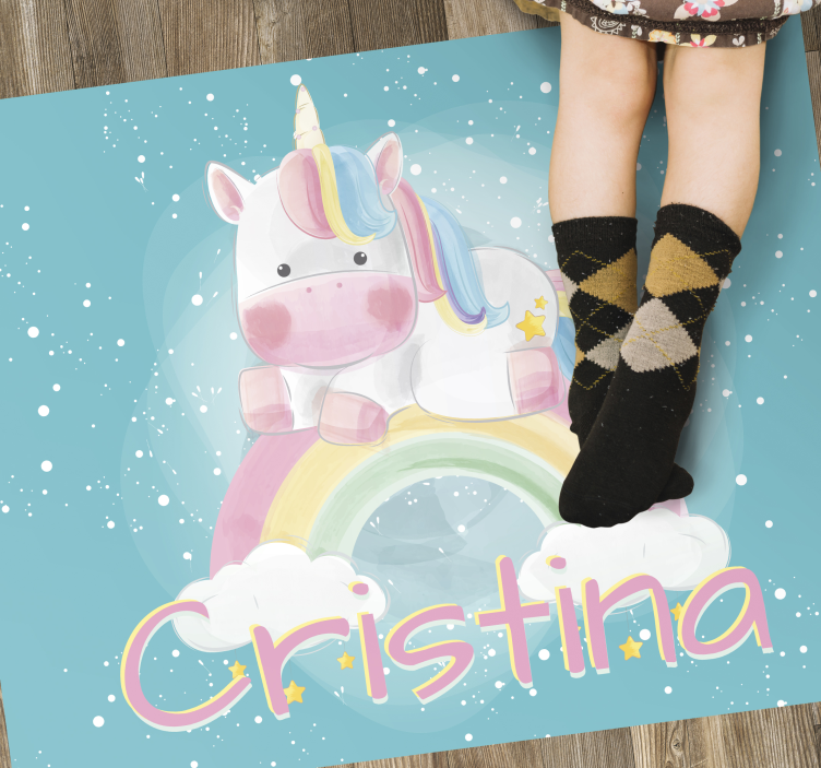 Tapis vinyle licorne sur arc-en-ciel et nom - TenStickers