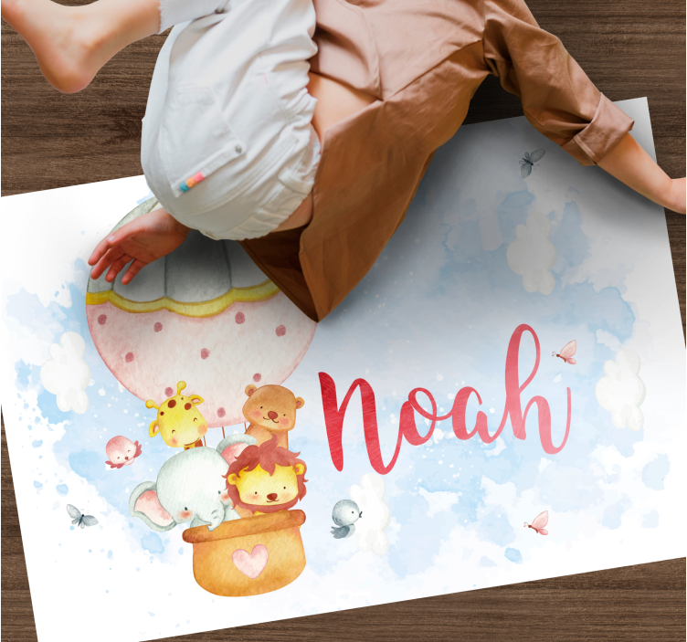 Tapis vinyle chambre bébé aventure en montgolfière avec nom - TenStickers