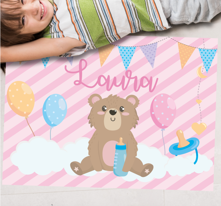 Tapis vinyle chambre bébé ours festif avec nom - TenStickers