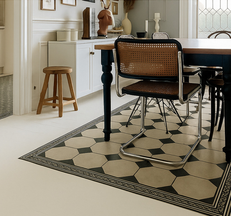 Tapis vinyle salle a manger carrelage en damier traditionnel - TenStickers