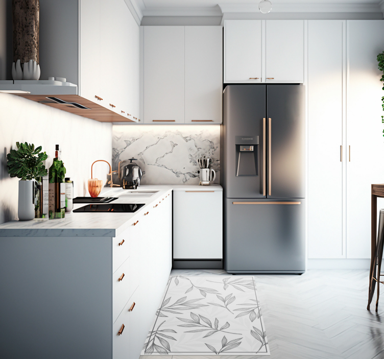 tapis vinyle cuisine feuilles grises fond blanc - TenStickers