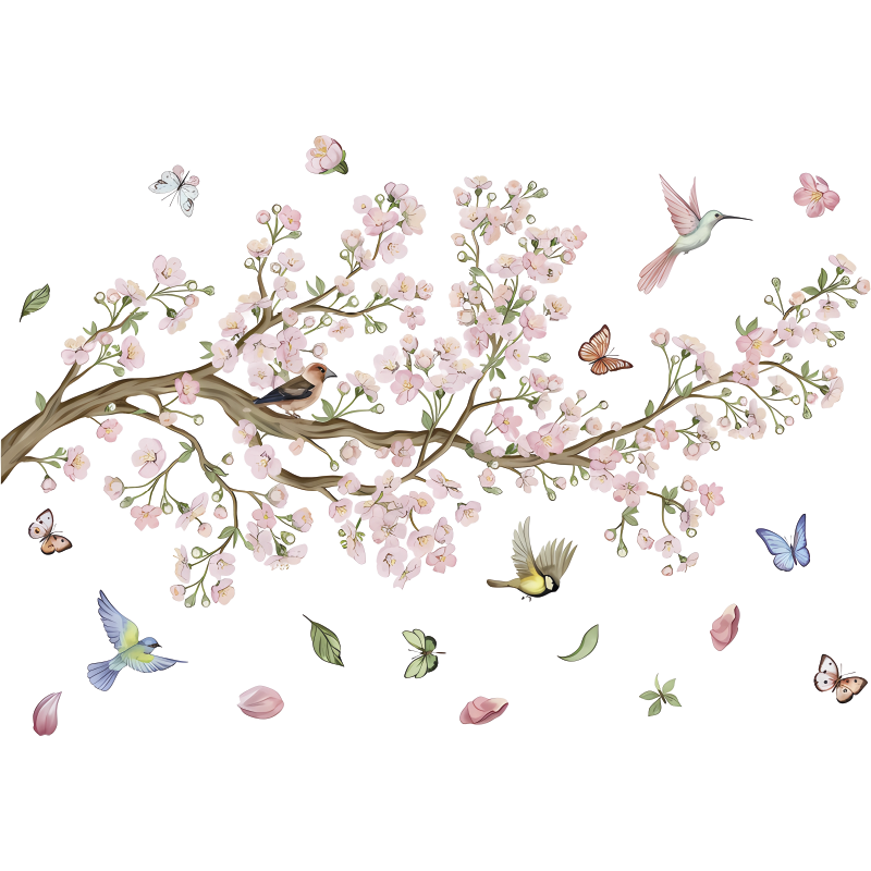 Tapis vinyle fleurs et plantes cerisier en fleurs oiseaux - TenStickers