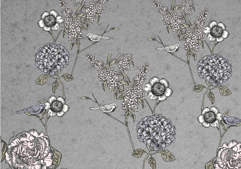 Tapis vinyle rétro branches vintage grises avec oiseaux - TenStickers