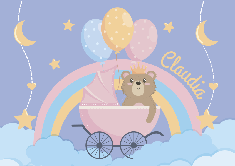 Tapis vinyle chambre bébé ours et landau rose avec nom - TenStickers