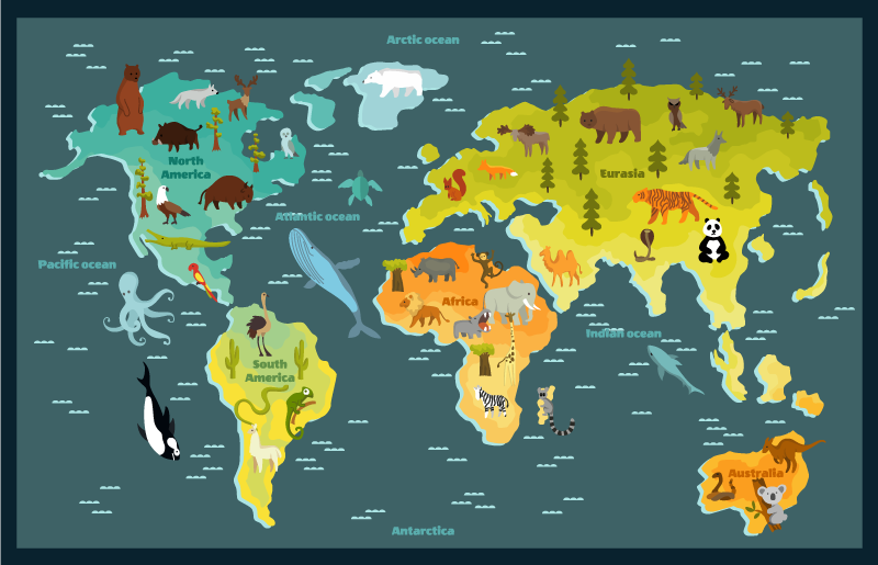 Tapis vinyle carte du monde dessin d'animaux colorés - TenStickers