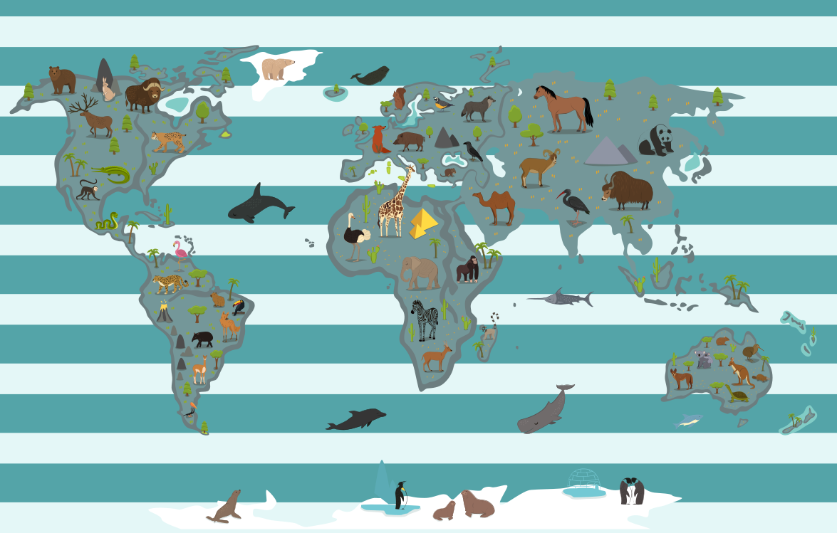 Tapis vinyle carte du monde animaux à travers les continents - TenStickers