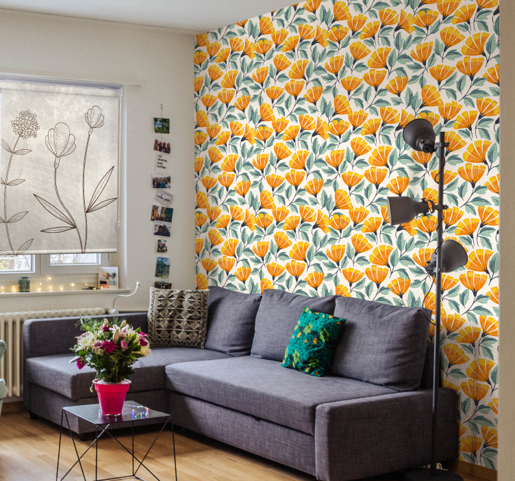 Papier peint salon motif floral de ginkgo - TenStickers