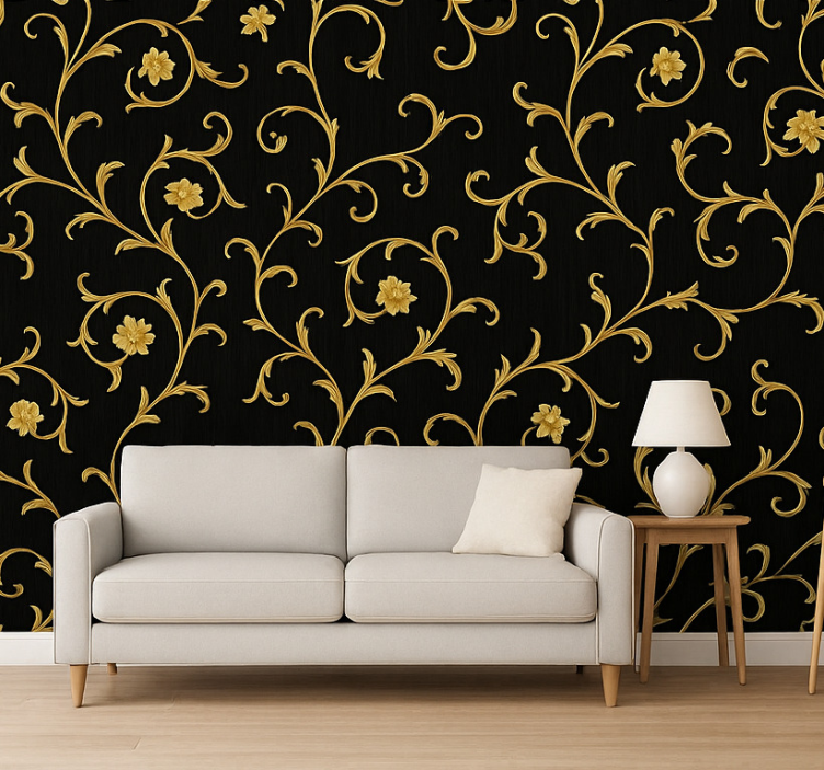 Papier peint baroque rouleau d'or minuit noir - TenStickers