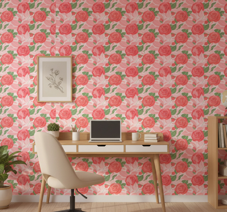 Papier peint bureau roses sur fond rose - TenStickers