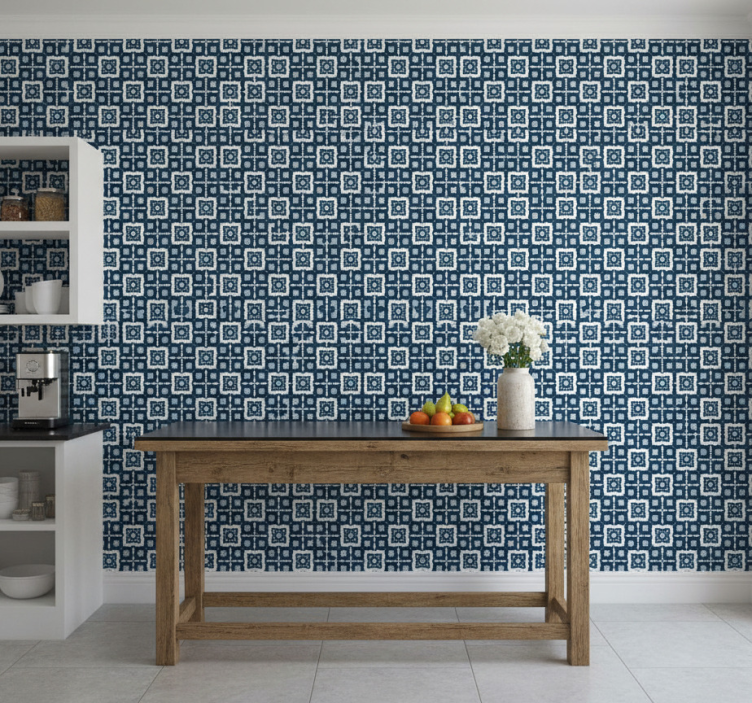 Papier peint carreaux de ciment motif mosaïque bleu et blanc - TenStickers