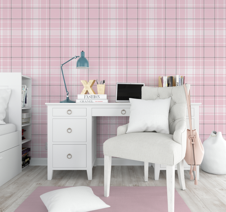 Papier peint carrés motif écossais rose et gris - TenStickers