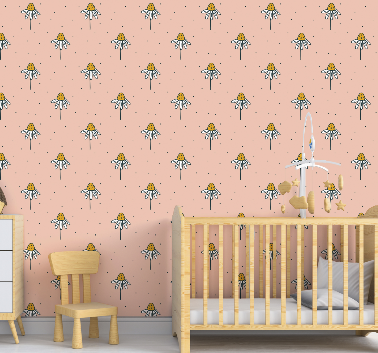 Papier peint chambre bébé motif de marguerites sur fond rose - TenStickers
