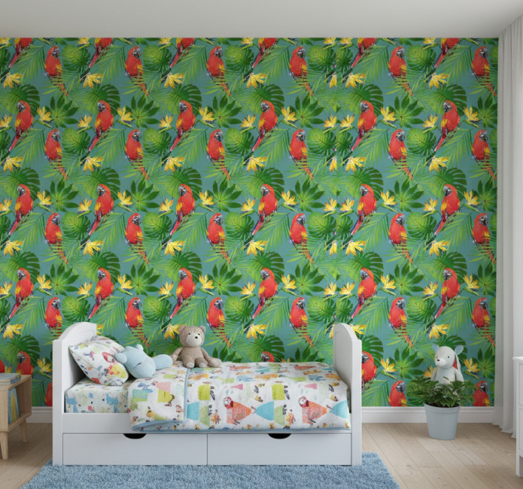 Papier peint chambre enfant perroquets tropicaux et feuilles - TenStickers
