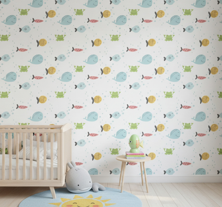 Papier peint chambre enfant poissons colorés sur fond blanc - TenStickers