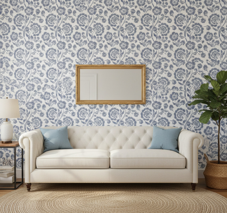 Papier peint classique fleurs bleues sur fond blanc - TenStickers